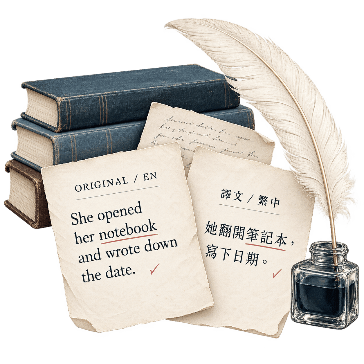 三本舊參考書疊在後方,前方交錯攤開淺色羊皮紙,分別寫著英文原文與繁體中文譯文,搭配校對記號、象牙白羽毛筆與深藍灰墨水瓶。
